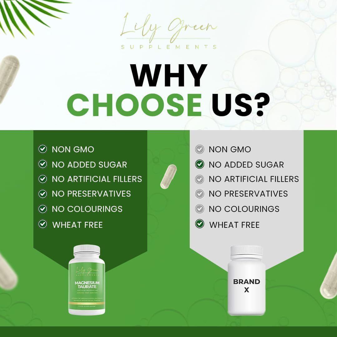 Lily Green Magnesium Taurate Supplements | 2000Mg per Serving Magnesium Supplements for Electrolyte Balance, Tiredness & Fatigue | 90 Vegan Capsules | No Artificial Fillers | Made in UK