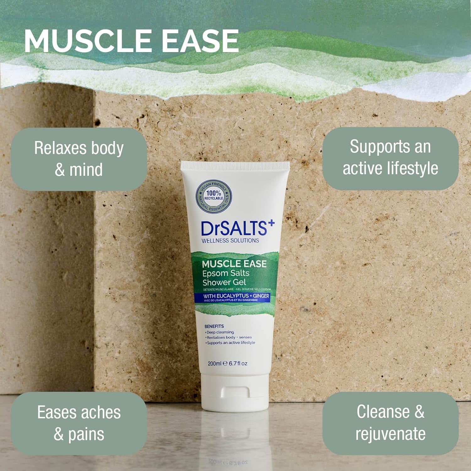 Drsalts+ Muscle Ease Shower Gel - Soothing Epsom Salts to Relieve Strains, Pain & Stiffness with Eucalyptus & Ginger Essential Oils - Vegan & Cruelty-Free, 200Ml
