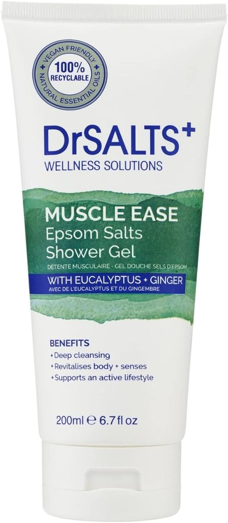 Drsalts+ Muscle Ease Shower Gel - Soothing Epsom Salts to Relieve Strains, Pain & Stiffness with Eucalyptus & Ginger Essential Oils - Vegan & Cruelty-Free, 200Ml