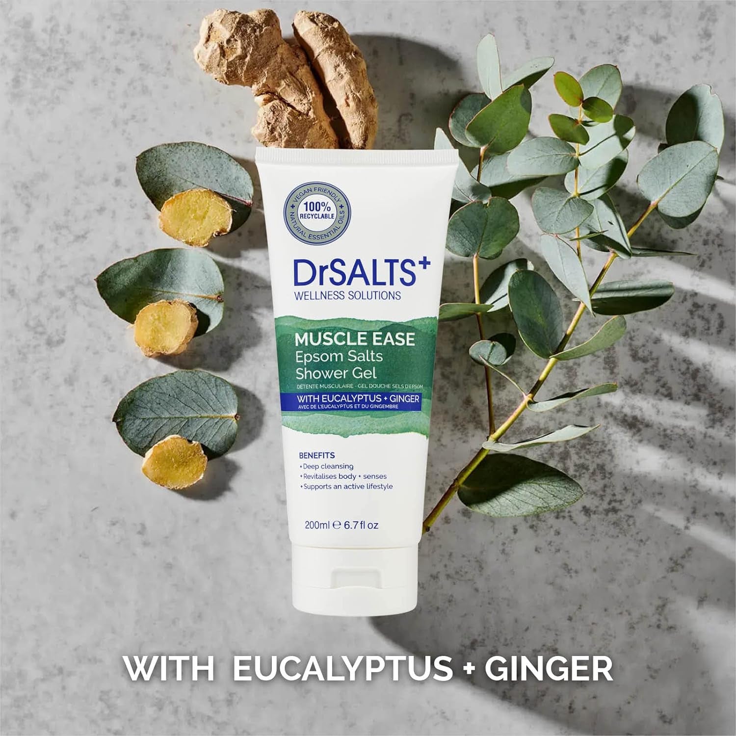 Drsalts+ Muscle Ease Shower Gel - Soothing Epsom Salts to Relieve Strains, Pain & Stiffness with Eucalyptus & Ginger Essential Oils - Vegan & Cruelty-Free, 200Ml